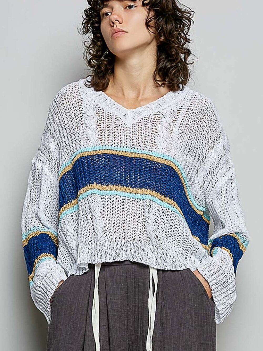 POL cropped fit top in acrylic sweater with cable knit detail pointed striped pa
